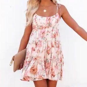 Womens mini floral babydoll dress tiered tie straps smocked back side zip close